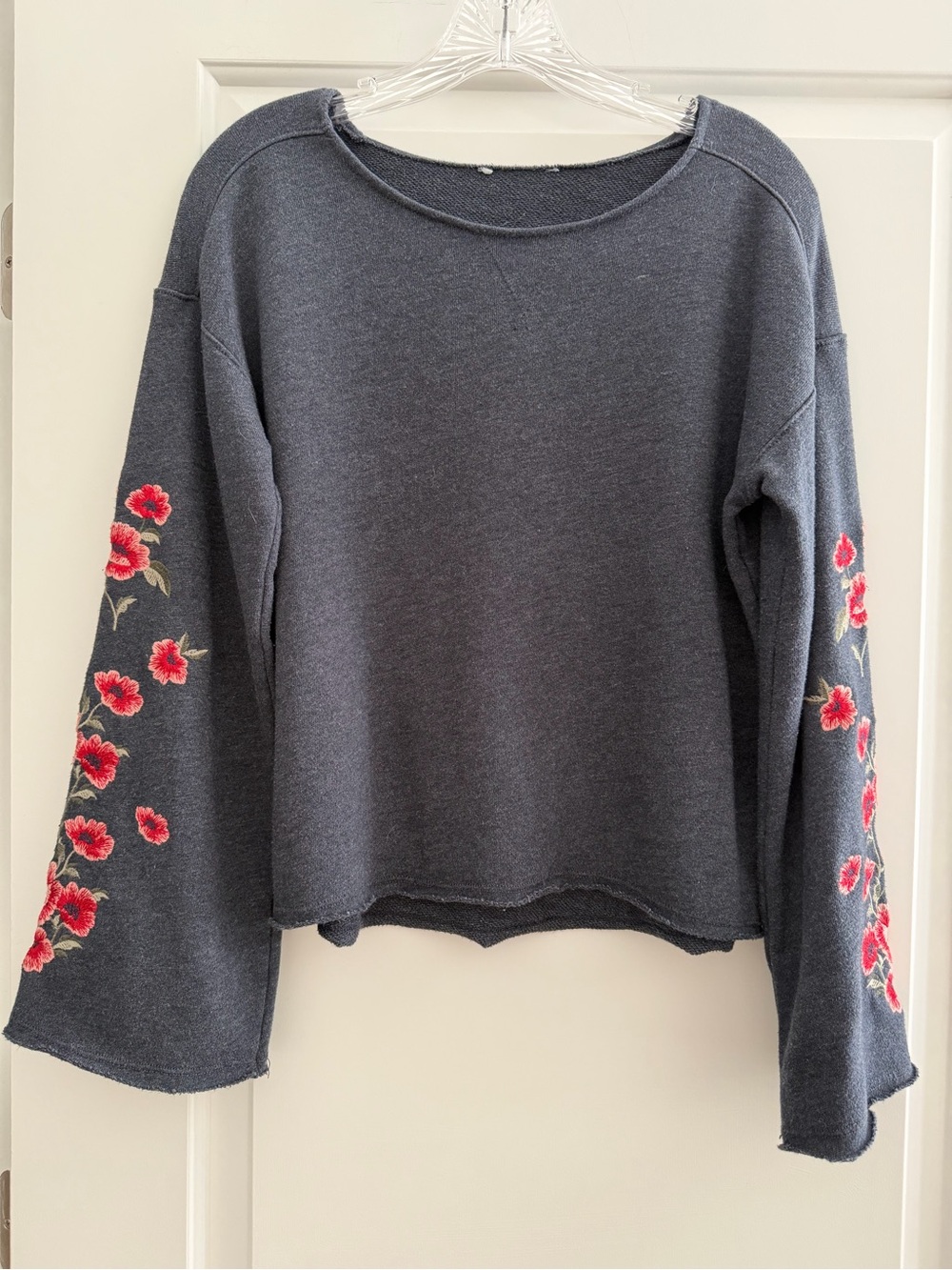 Aerie Floral Embroidered Bell Sleeve Raw Hem Sweatshirt